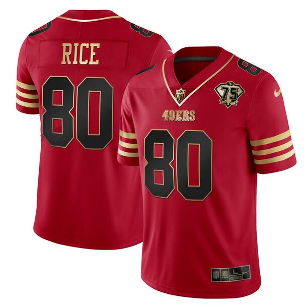 Men's San Francisco 49ers #80 Jerry Rice Red Gold With 75th Anniversary Patch Stitched Jersey